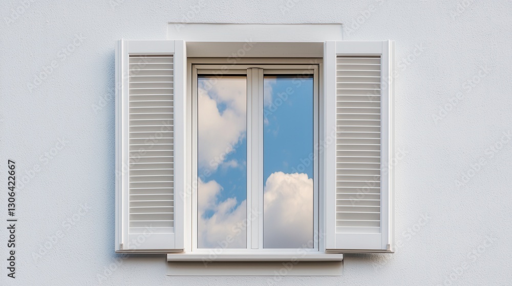 White Window with Shutters Reflecting Blue Sky and Clouds White Window with Shutters Reflecting Blue Sky and Clouds