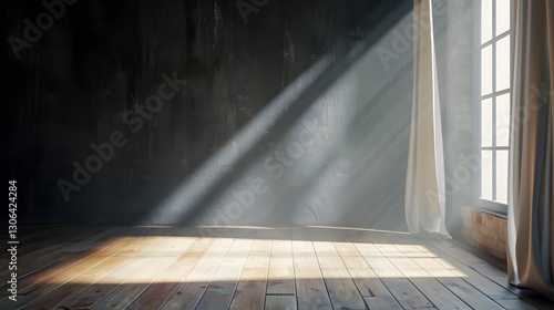 Elegant presentation backdrop with a warm wooden floor  matte black wall  and a captivating window light glare adding depth and professionalism