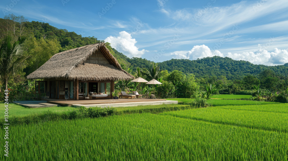 Rustic Thai farmhouse with a thatched roof and a backdrop of lush rice paddies and hills Rustic Thai farmhouse with a thatched roof and a backdrop of lush rice paddies and hills