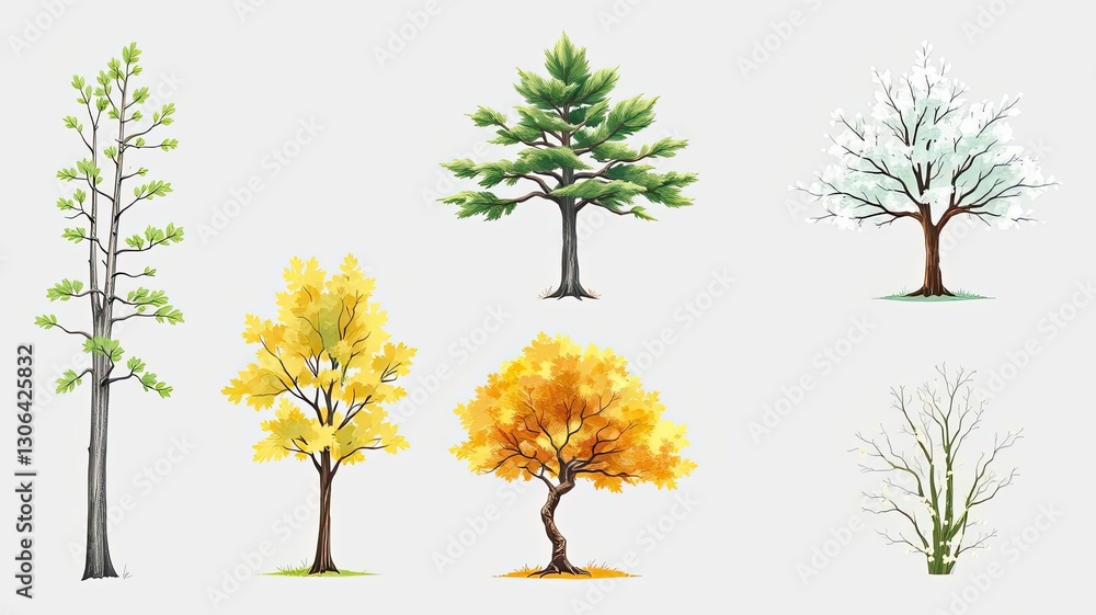 Fototapeta premium Spring Summer Autumn Winter Trees Nature Illustration Set