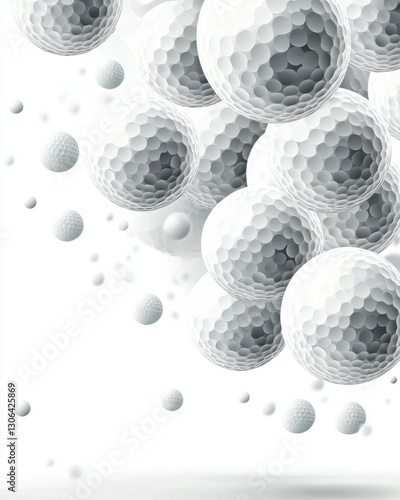 Abstract background with many golf balls in grayscale. They appear to float and fall on a white background. The image has a 3D effect and a light and