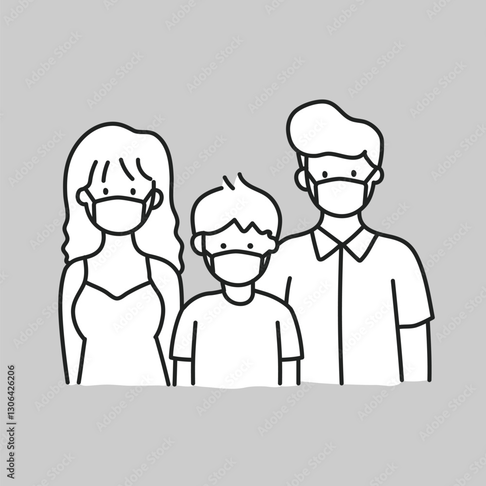 Family wearing face mask line art vector Family wearing face mask line art vector