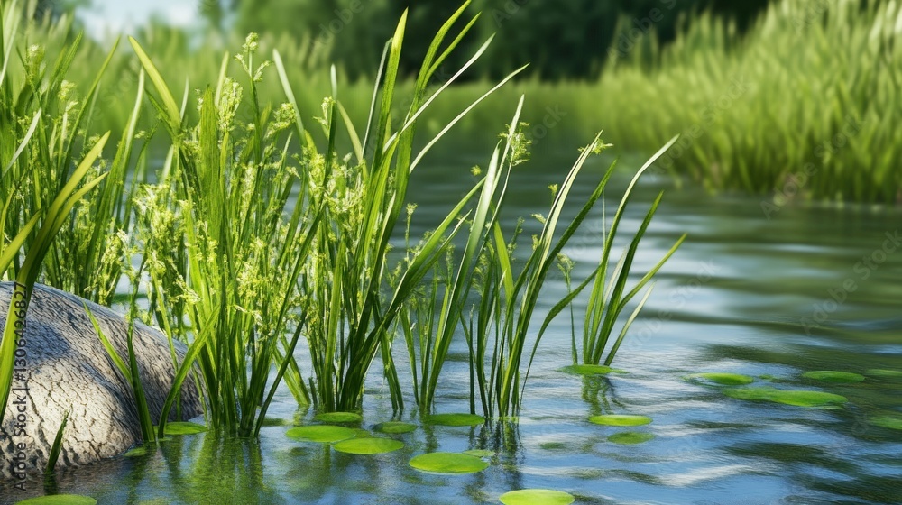Lush Green Aquatic Plants by Calm River Lush Green Aquatic Plants by Calm River