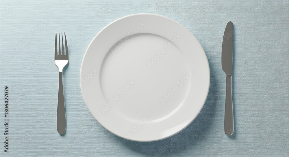 Elegant place setting with white plate, fork, and knife, minimalist and clean design for culinary and food-related themes Elegant place setting with white plate, fork, and knife, minimalist and clean design for culinary and food-related themes