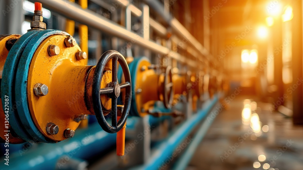 Industrial valves with pipes in a factory setting. Industrial valves with pipes in a factory setting.