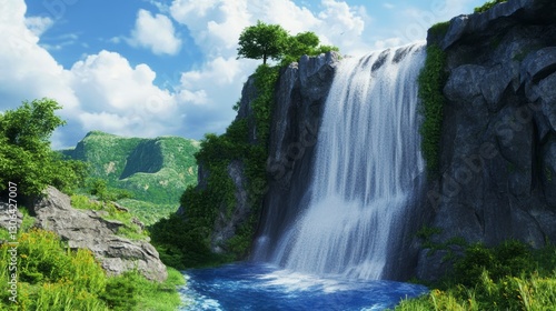 Lush Green Cliffside Waterfall on Sunny Day