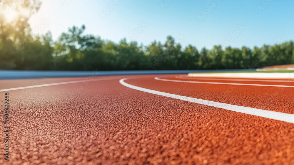 Obraz premium Empty Running Track Curve in Outdoor Stadium Under Clear Blue Sky 
