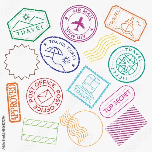 Colorful travel stamps with travel themes, featuring travel icons like planes, ships, and travel tickets. Travel stamps in various shapes and colors. Colorful travel stamps, vector set.