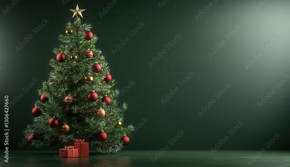 Decorated Christmas Tree with Gifts on Dark Background Decorated Christmas Tree with Gifts on Dark Background