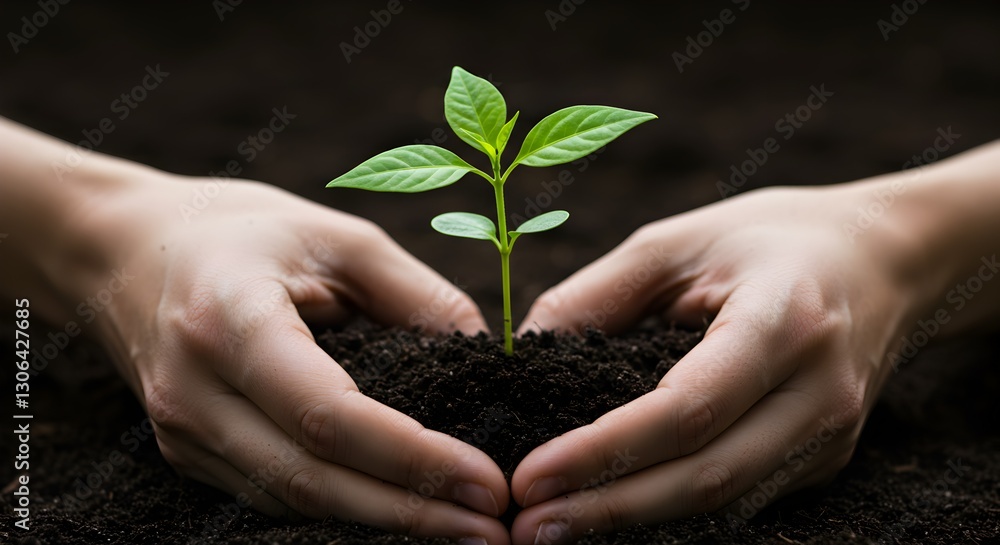 Hands cradling a young plant growing in soil, nurturing growth and sustainability Hands cradling a young plant growing in soil, nurturing growth and sustainability