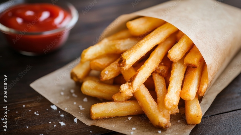 Crispy golden french fries rest in a brown paper cone, with a small bowl of vibrant tomato ketchup beside them. This classic snack offers a delightful crunch and flavor perfect for any occasion Crispy golden french fries rest in a brown paper cone, with a small bowl of vibrant tomato ketchup beside them. This classic snack offers a delightful crunch and flavor perfect for any occasion