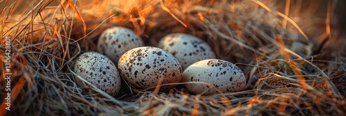 Nest of speckled eggs resting in grass under warm light