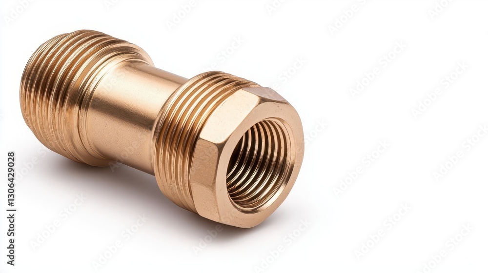 Brass pipe fitting with threaded ends for plumbing applications. White background Brass pipe fitting with threaded ends for plumbing applications. White background