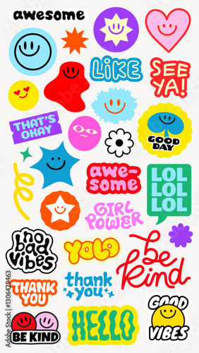 Colorful stickers with phrases like 'awesome', 'be kind', 'hello', and 'good vibes' Bright designs with smiley faces and positive messages Funky stickers, vector set