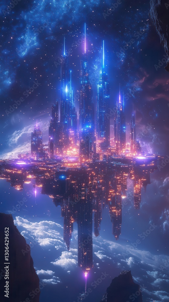 Obraz premium Craft a sci-fi cityscape using photorealistic digital techniques, depicting a future city floating in space with neon blue and violet lights, emitting an ethereal energy force