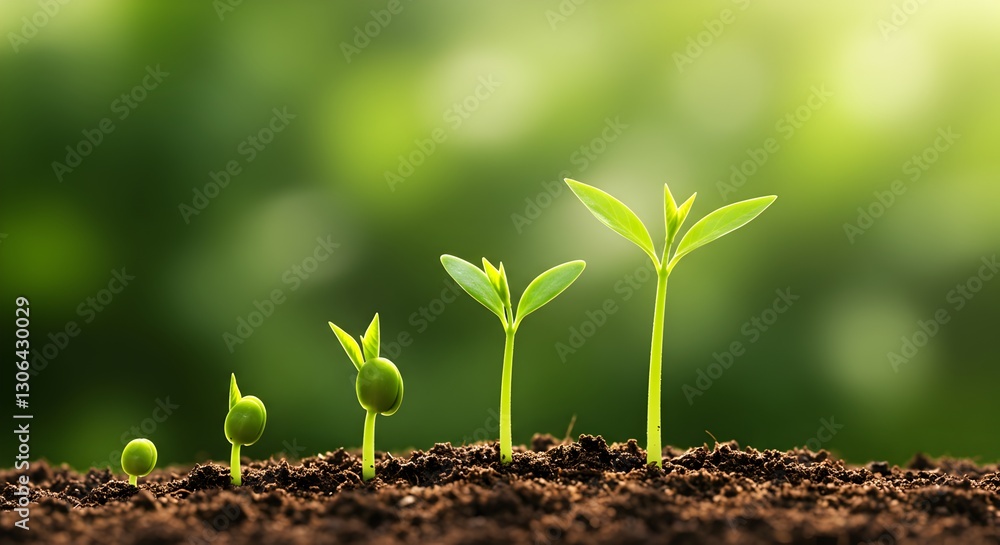 Fototapeta premium Sequential growth stages of a plant seedling in fertile soil showcasing the plant's life cycle