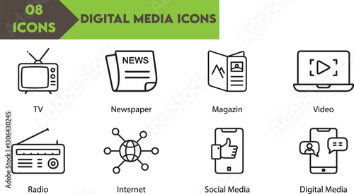 Black line digital Mass Media Vector Icons Television, Radio, Magazine, Newspaper Symbols in Line Set Digital & Social Media Information isolated on white background.