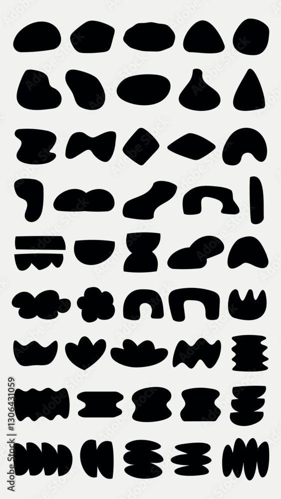 Abstract black shapes on a white background. Various geometric forms, abstract shapes, and artistic patterns. Creative abstract design with black shapes. Black and white vector set. Abstract black shapes on a white background. Various geometric forms, abstract shapes, and artistic patterns. Creative abstract design with black shapes. Black and white vector set.