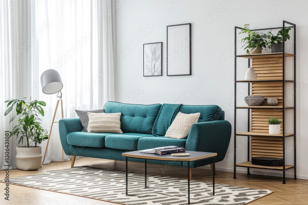 Fototapeta premium Stylish Living Room with Teal Sofa, Shelving Unit, and Modern Decor