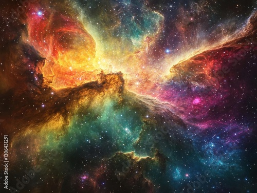 Create an abstract panoramic view of cosmic splendor, where nebulae converge in a whirlwind of multicolor brilliance photo