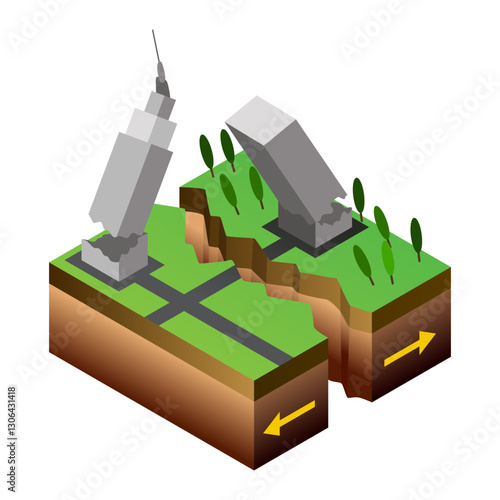 Seismic activity diagram. Vector isometric Earth crust compression, shear and tension stresses. Earthquake natural disasters concept for educational poster, scientific infographic, presentation