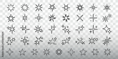Set of star and sparkle icons on transparent background. Various star shapes and sparkle designs. Ideal for design projects needing star and sparkle elements. Element vector set.