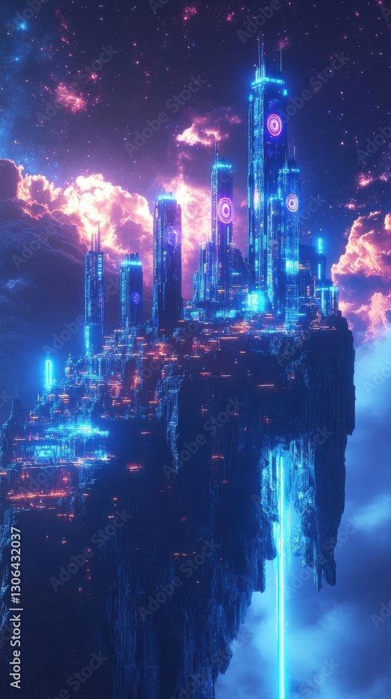 Obraz premium Design a CG 3D image of a futuristic city floating in deep space, powered by an ethereal energy force, illuminated by neon blue and violet holograms