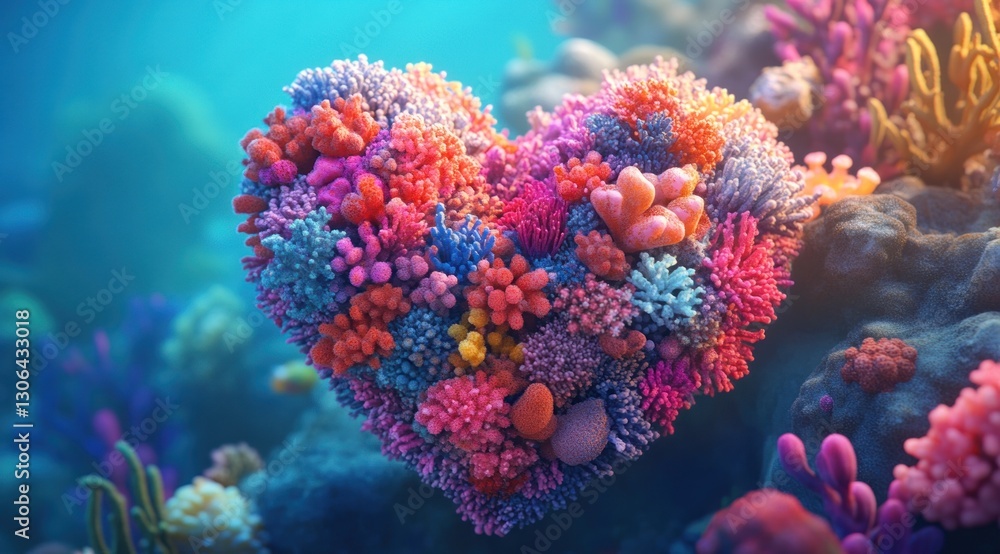 Fototapeta premium Heart-shaped coral reef in ocean depths. Possible use stock photo