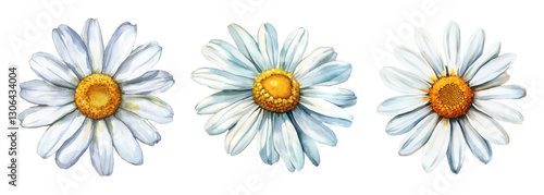Watercolor set of white chamomile flowers. White chamomile flowers with lush white petals and a long center. Watercolor wildflowers on a transparent background. Vector illustration.