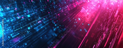 abstract neon background with glowing blue and pink lines on black, virtual scene for presentation, concert poster