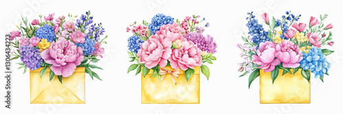 Watercolor set of bouquets with pink peonies, blue hydrangea and other flowers in a gift box. Floral bouquets with spring flowers in a festive box. Concept of gifts, holidays, etc.