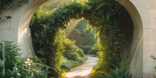 Serene Garden Path Archway Lush Greenery Sunlight photo