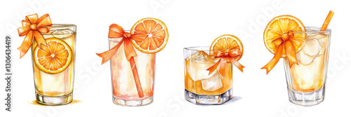 Watercolor set of orange drinks. Glasses with orange drink and orange slices with straw, and pieces of ice. Summer sweet drinks. Vector illustration.