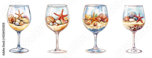 Watercolor set of glasses with beach sand, shells and starfish. Nautical decor watercolor png. Glass wine glasses with beach items. Nautical and beach decorative elements.