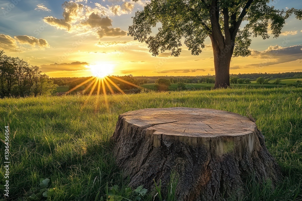 Tree Stump in Field at Sunset with Golden Light and Clouds Tree Stump in Field at Sunset with Golden Light and Clouds