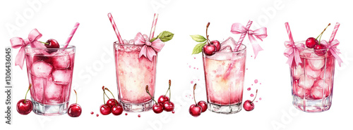 Watercolor set of cherry cocktails. Watercolor vintage cherry cocktails with ice cubes, cherry berries and straw decorated with a pink bow. Vintage cherry drinks in a glass.
