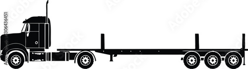 Black and White Silhouette of Semi Truck with Flatbed Trailer Carrying Pallets Side-View Vector Illustration on White Background.	