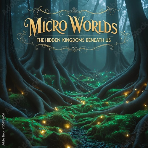 a dramatic, high-contrast, cinematic photo of a mystical, fog-shrouded forest floor, with giant, ancient tree roots twisting like sentinels, amidst a tapestry of vibrant, emerald-green moss, and scatt