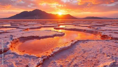 Stunning sunset over salt flats with reflective water and mountains in the distance