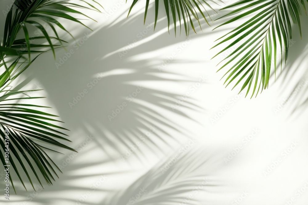 Fototapeta premium Palm Leaf Shadows on White Wall Tropical Minimalist Background Image