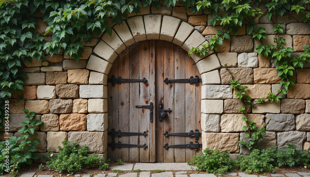 Rustic wooden door framed by ivy-covered stone wall, evoking mystery Rustic wooden door framed by ivy-covered stone wall, evoking mystery