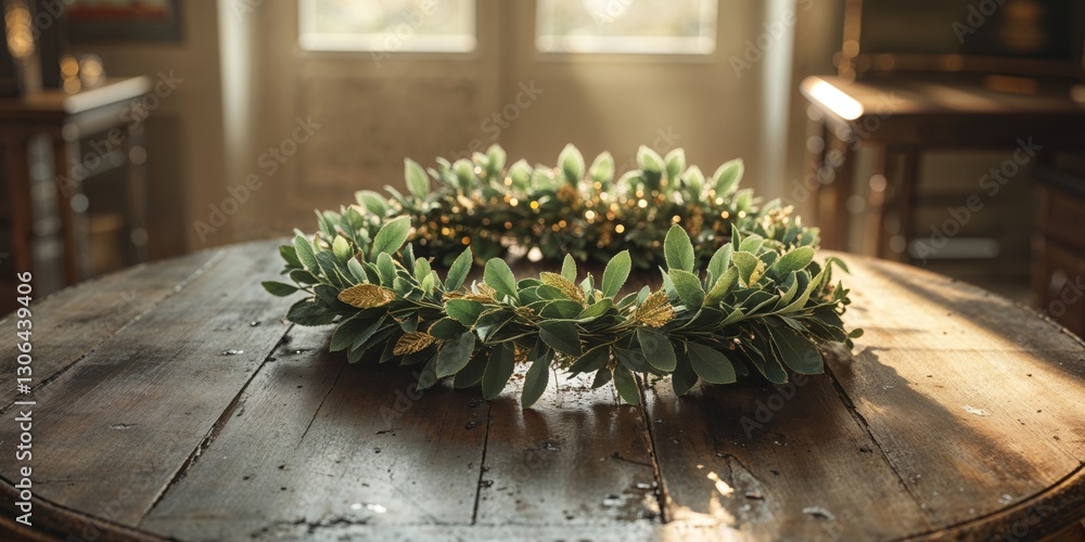 Fototapeta premium Fresh laurel wreath on a wooden table in a cozy study setting