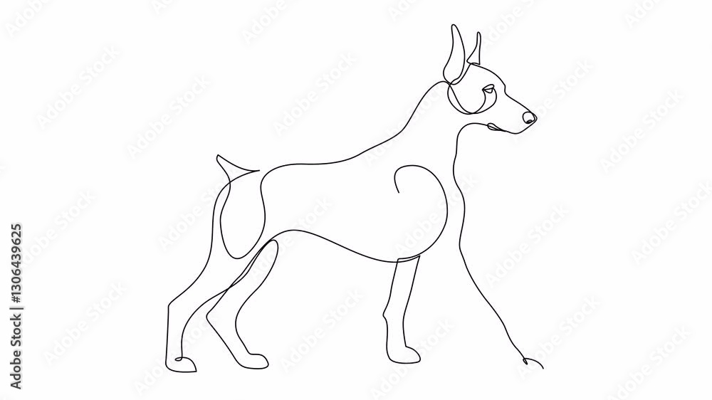 Self drawing animation of continuous one line Doberman dog walking, side view. Doberman pinscher hand drawn single line design. Minimalist art style 4K video, alpha channel.