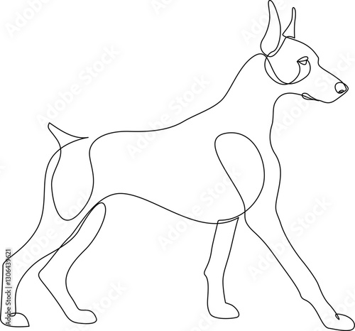 Continuous one line drawing of Doberman dog walking, side view. Doberman pinscher hand drawn single line design. Minimalist art style vector illustration, editable stroke.