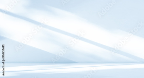 Fototapeta Naklejka Na Ścianę i Meble -  Background Blue light refraction texture overlay on white wall for product present,3D Studio room and podium Display with drop diagonal holographic flare and shadow, prism light effect on floor