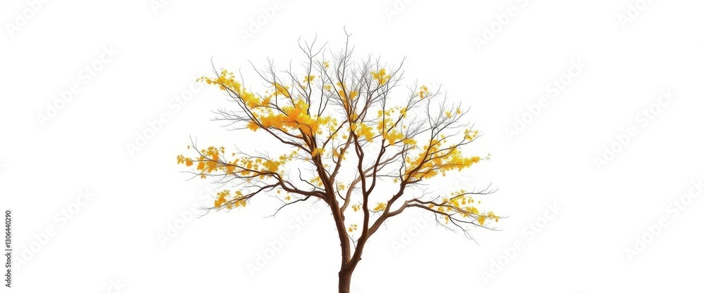 Fototapeta premium A lone deciduous tree, branches reaching skyward, stark white background, organic, leafless