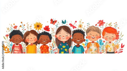 Wallpaper Mural Diverse group of happy children smiling in colorful floral background Torontodigital.ca