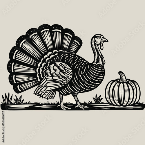  a cool drawing of a turkey, like the kind you see at Thanksgiving! It's done in a style that looks a bit like a vintage illustration or a woodcut, with lots of lines and details. The turkey is facing