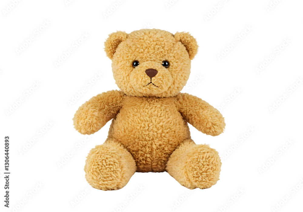 Fototapeta premium Cute and Cozy Teddy Bear Plush Toy Sitting on White Background Ideal for Children's Rooms, Gifts and Cozy Decor