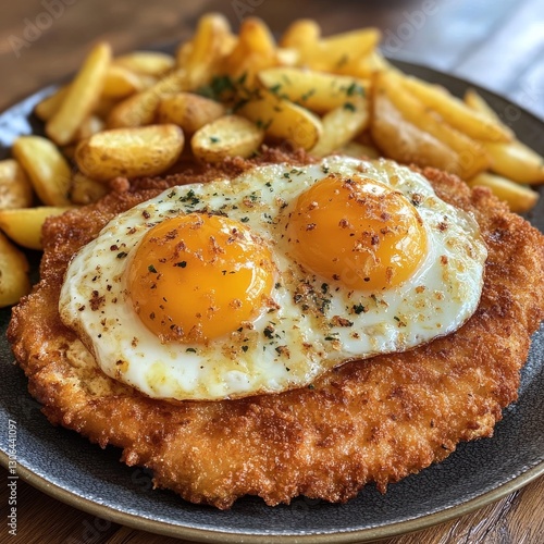 GIANT MILANESA WITH TWO FRIED EGGS ON TOP AND CRISPY POTATOES ON THE SIDE